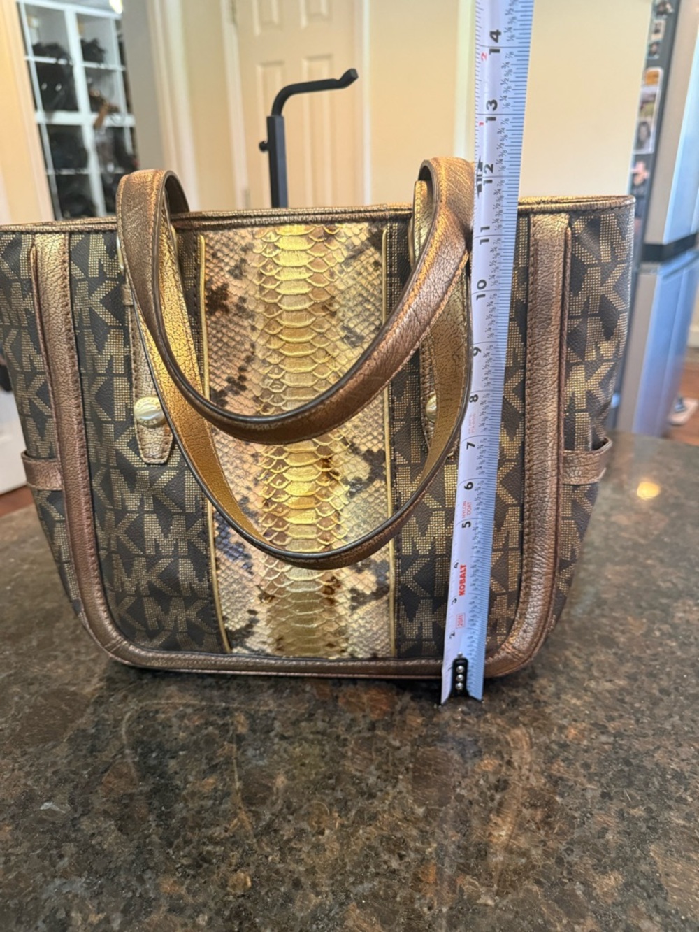 Vintage Michael Kors Brown & Gold Logo Tote with Snake-Print Center - Picture 13 of 13